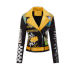 RISISSIDA Women Faux Leather Jacket Studded Rivet Spring Fall Winter Fashion, Moto Biker Trendy Clothes Streetwear Belted