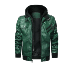 HOOD CREW Men’s Casual Stand Collar PU Faux Leather Zip-Up Motorcycle Bomber Jacket With a Removable Hood - Image 4
