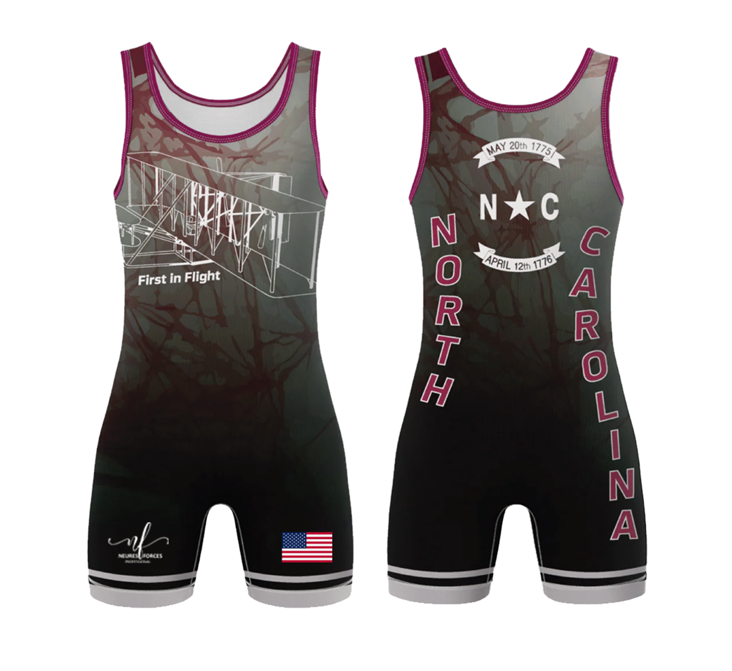 33 NeuresForces Men’s Wrestling Singlet – North Carolina “First in Flight” Edition - Image 1