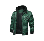HOOD CREW Men’s Casual Stand Collar PU Faux Leather Zip-Up Motorcycle Bomber Jacket With a Removable Hood - Image 2