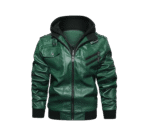 HOOD CREW Men’s Casual Stand Collar PU Faux Leather Zip-Up Motorcycle Bomber Jacket With a Removable Hood