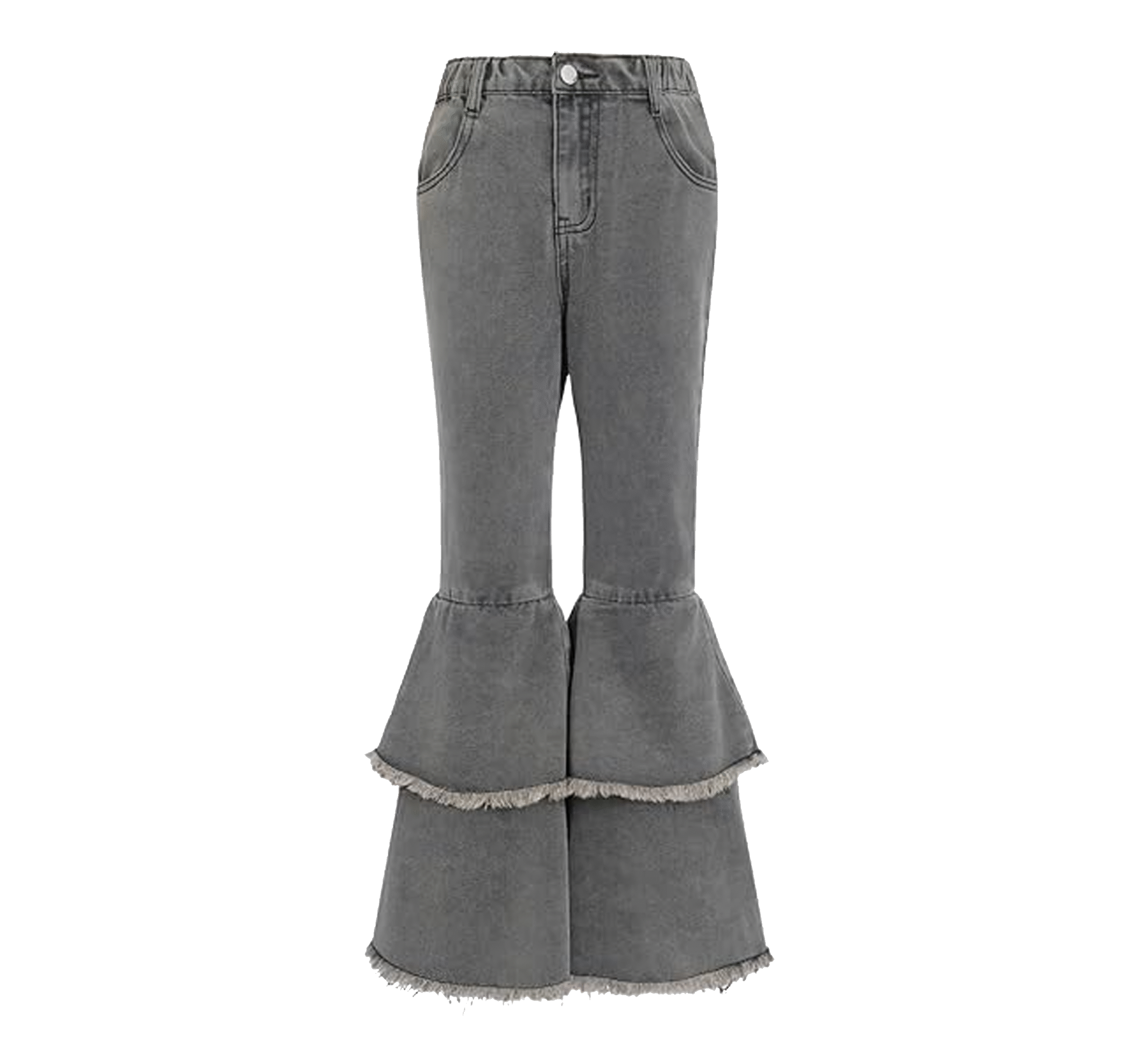 13 Neures Forces Girl's Elastic Waist Flared Leg Denim Pants Raw Trim Bell Bottom Jeans with Pockets - Image 1