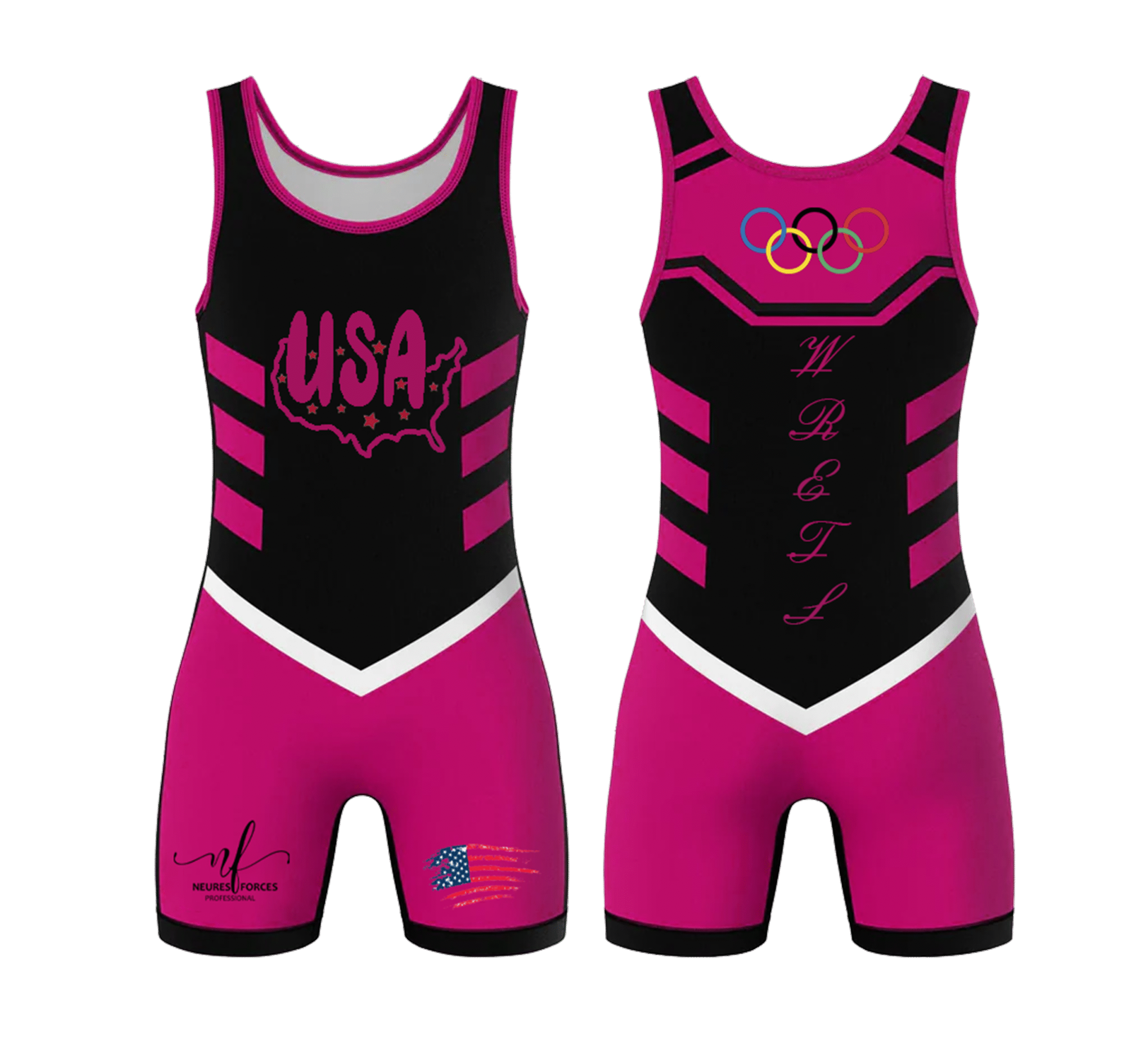 23344 Neures Forces Wrestling Singlet – USA Olympic Edition (Black & Pink) - Image 1