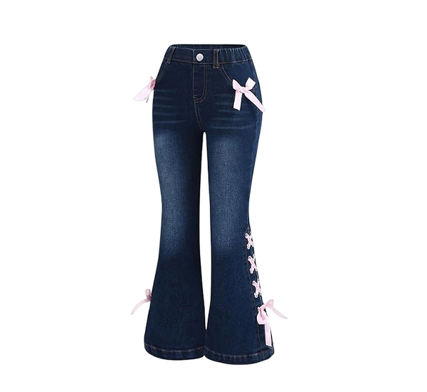 32 Neures Forces Girl's Bell Bottom Flare Jeans Cute Lace Up Bow Side Y2k Denim Pants - Image 1