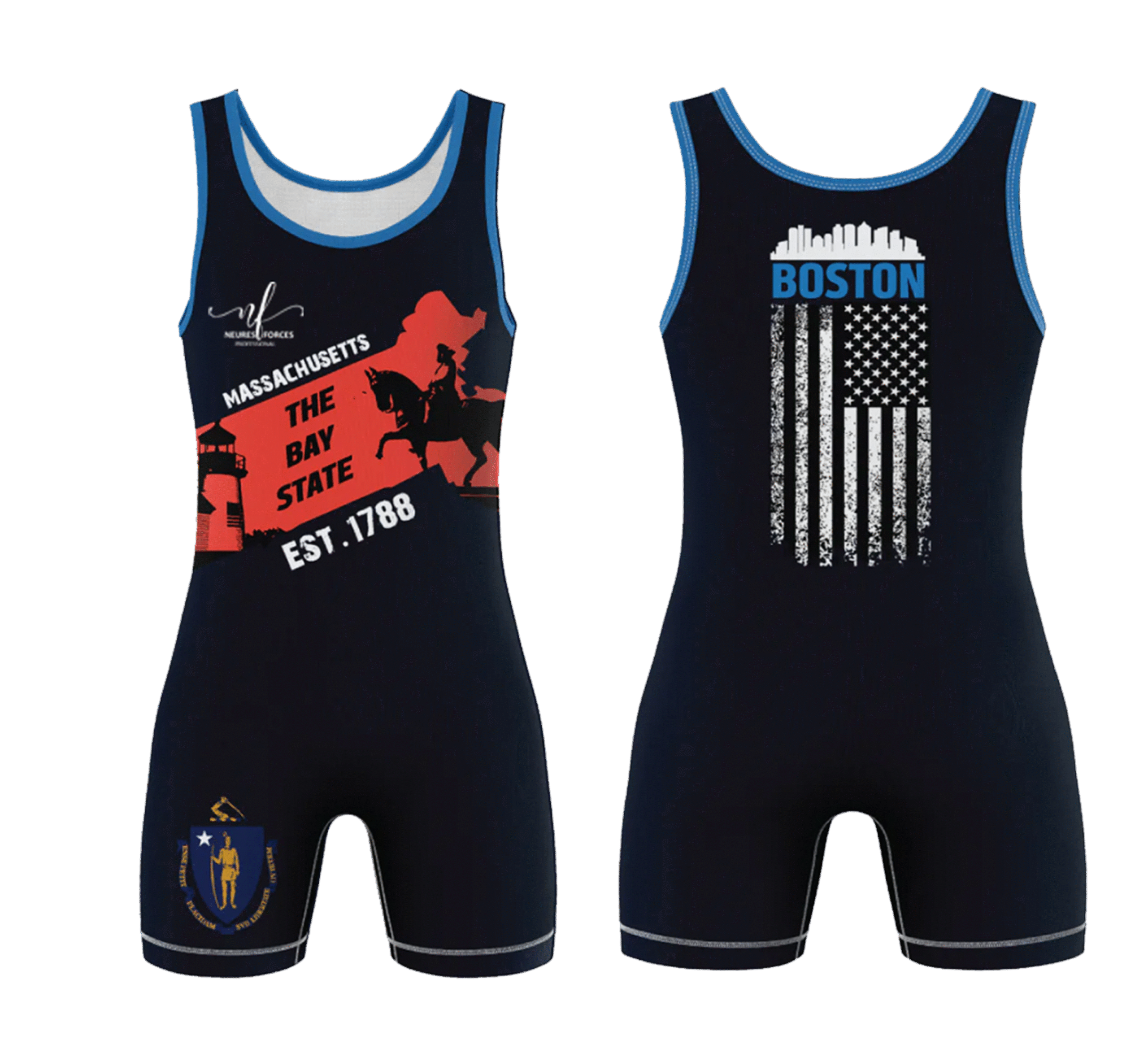 44 NeuresForces Massachusetts Boston Wrestling Singlet | The Bay State USA Custom Wrestling Gear | Men’s, Youth & Adult Singlet - Image 1
